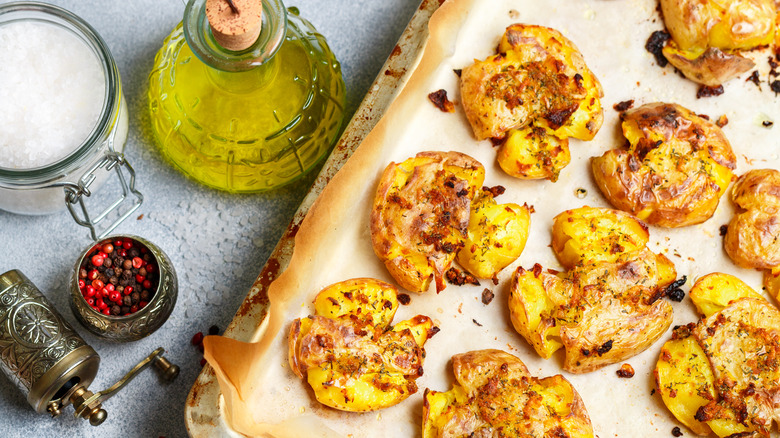 Smashed potatoes on sheet tray