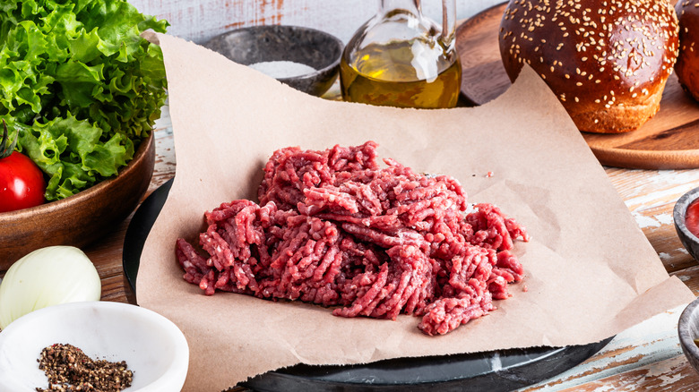 Raw ground beef on butcher paper