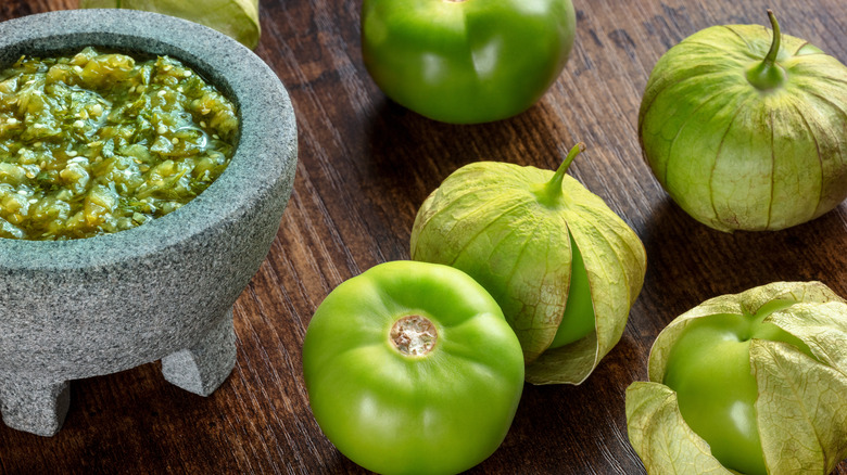 tomatillos and bowl of salsa