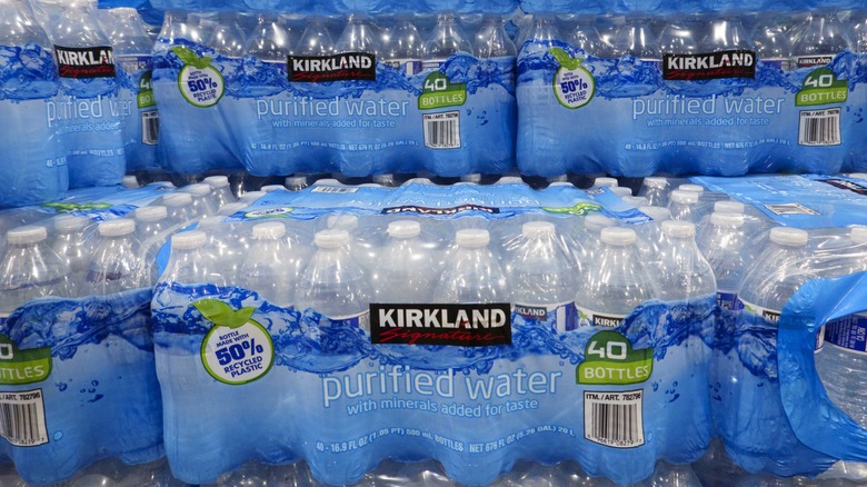 Stacked cases of Costco Kirkland Signature brand water