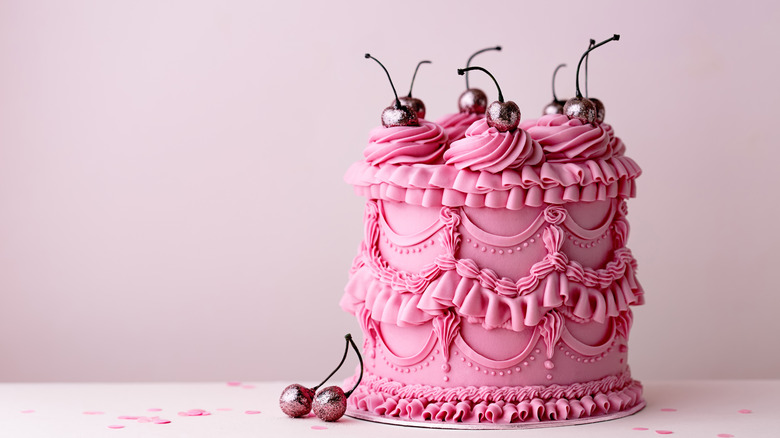 pink vintage cake with cherries