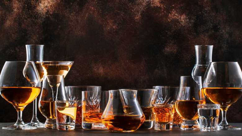 many glasses of whiskey