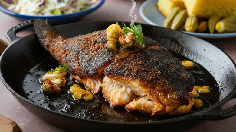 Blackened catfish served in the pan