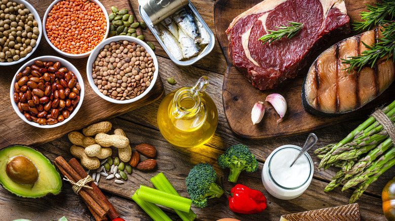 overhead shot of whole food ingredients and fresh produce