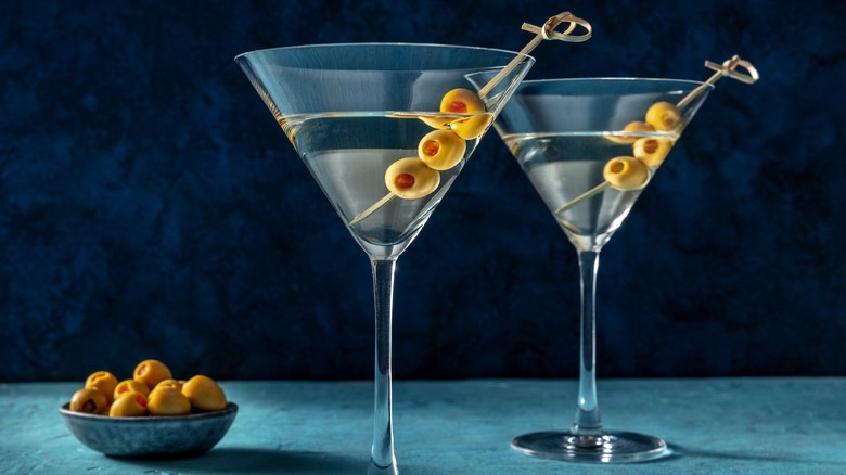 Martini glasses with olives