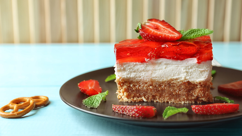 Plate of strawberry pretzel salad