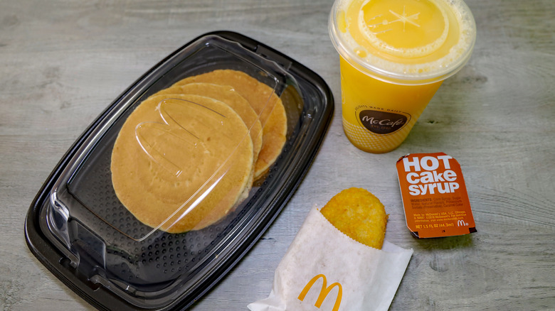 McDonald's hotcakes, hash browns, and orange juice
