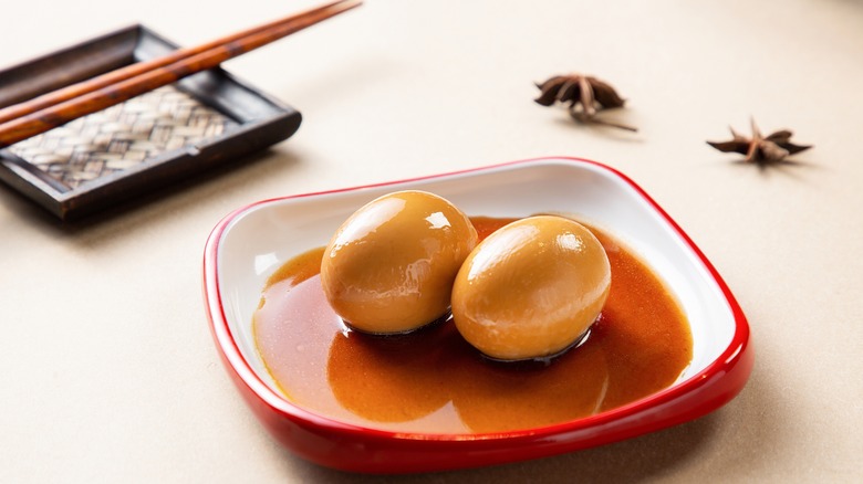 tiger eggs on red dish