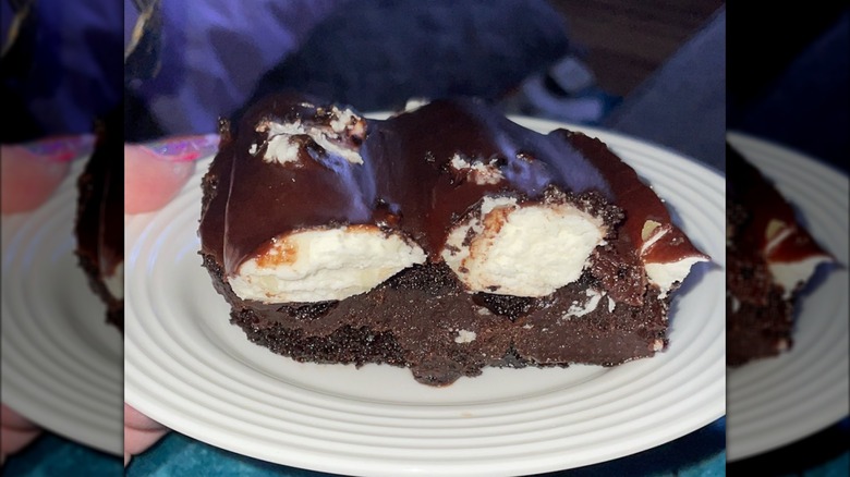 A slice of Sanders chocolate fudge bumpy cake