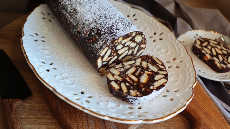 Chocolate salami on a plate