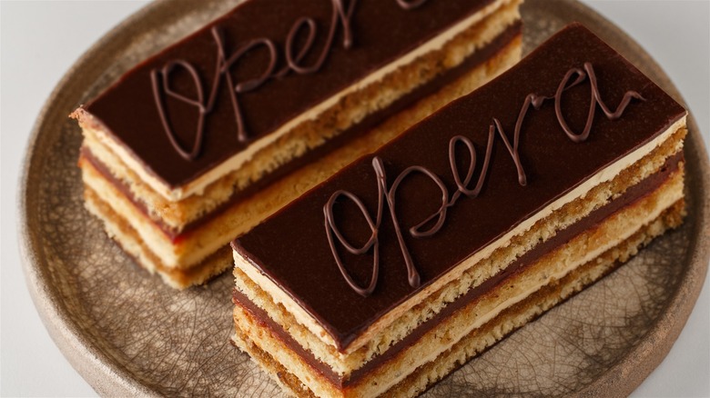 Opera cake with piped opera writing