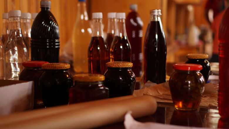 bottles of mead and jars of honey
