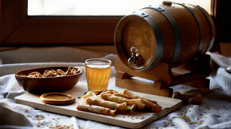 barrel of mead alongside food