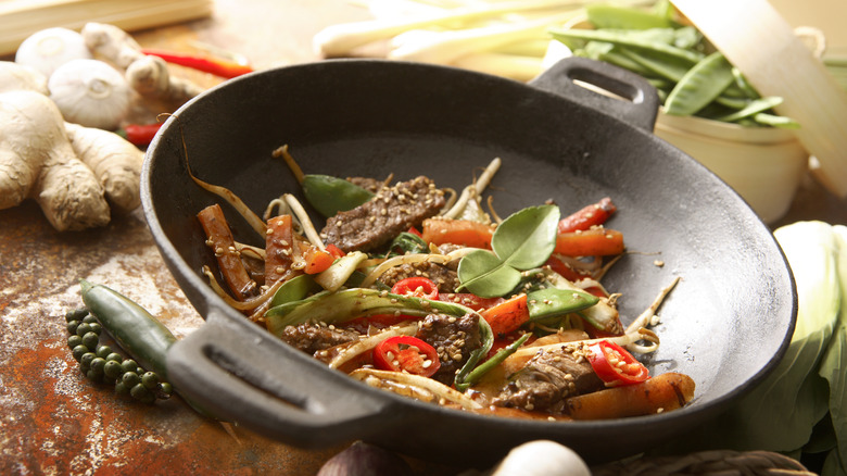 beef cooking in wok