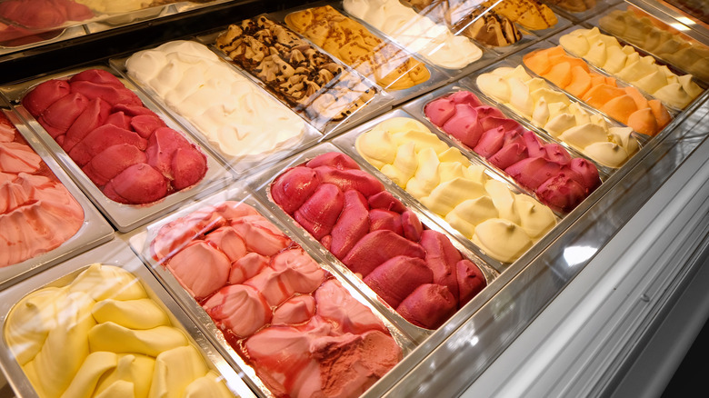 Ice cream in trays in a cooler