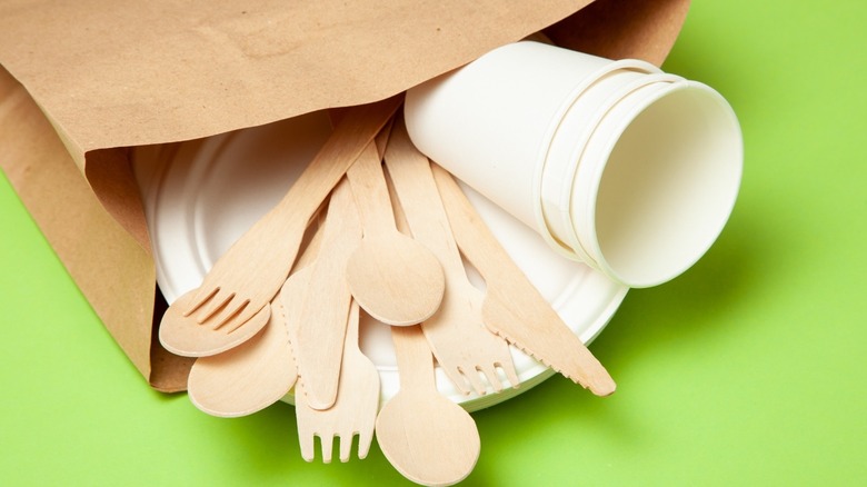 bamboo cutlery, plates and cups