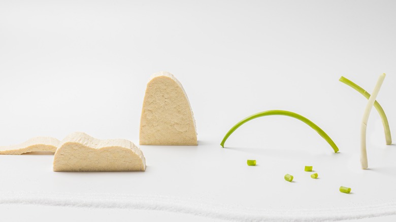 Pieces of raw tofu with chives