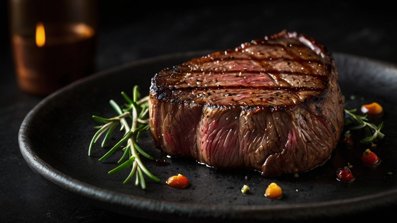 A seared steak on a plate, with rosemary and black pepper