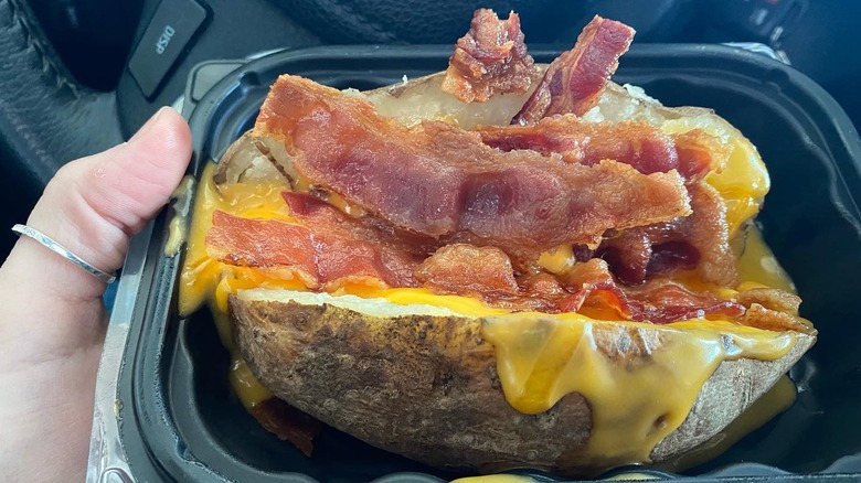 Hand holding bacon cheese potato