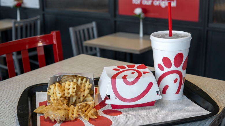 A tray full of Chick-fi-A items