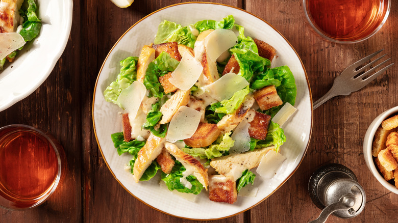 chicken Caesar salad with wine