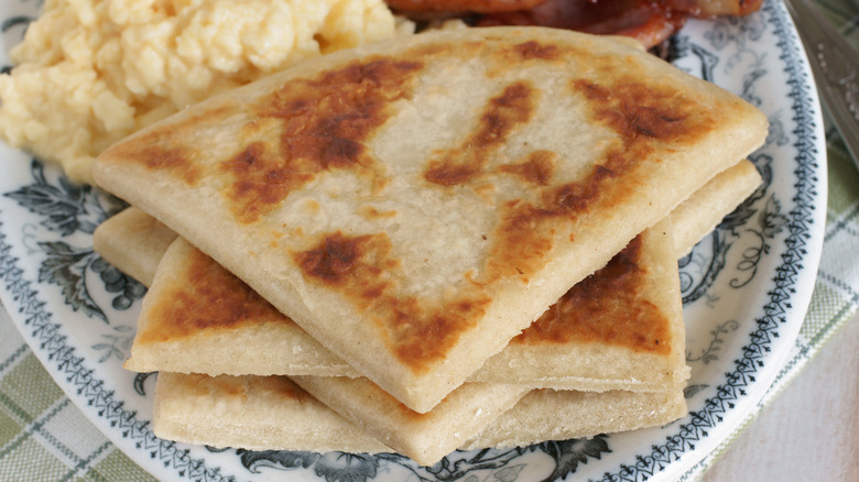 Breakfast plate with stacked potato farls