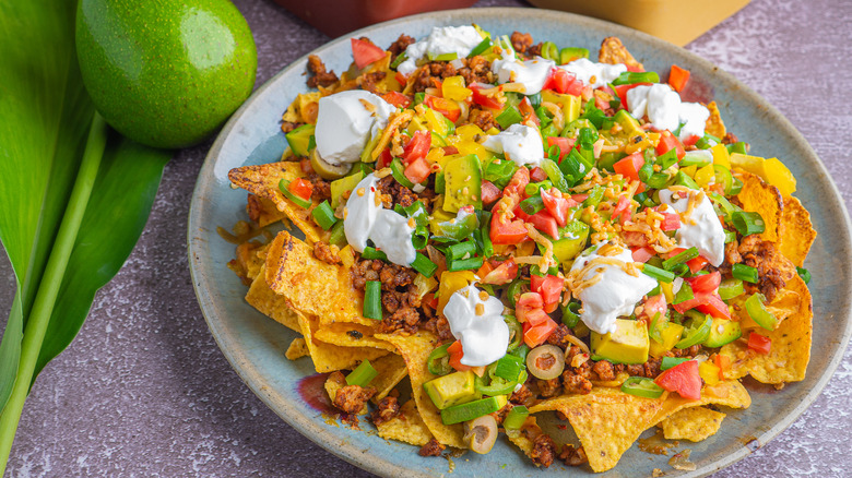 Loaded minced pork nachos dish
