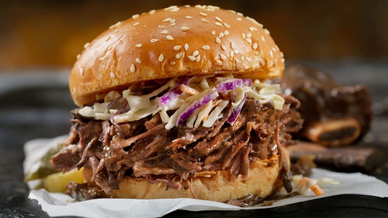 pulled pork sandwich on a Brioche bun