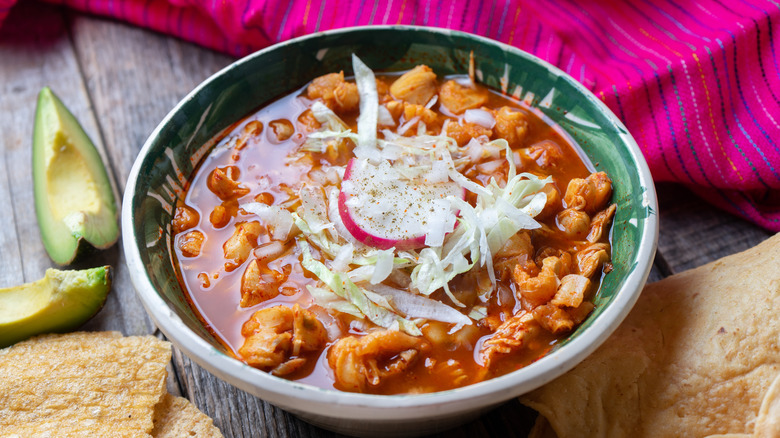 pulled pork soup with shredded lettuce