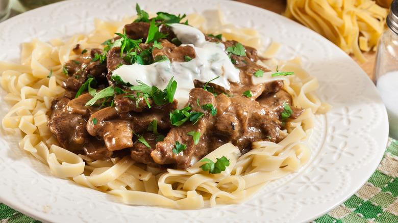 Beef stroganoff on pasta