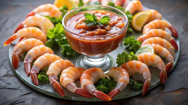 Shrimp cocktail on bed of greens with lemon wedges and cocktail sauce