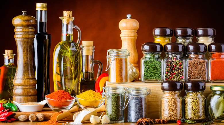 oils and spices on counter