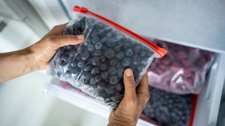 Person holding a bag of frozen blueberries