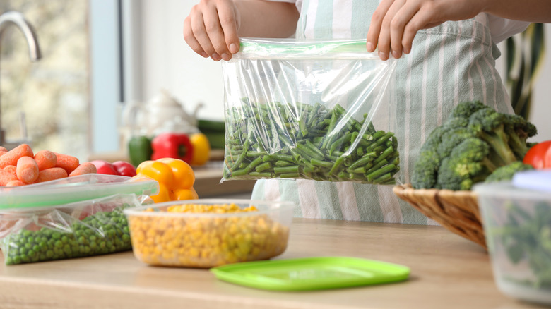 Vegetables placed in plastic bags for long-term freezer storage