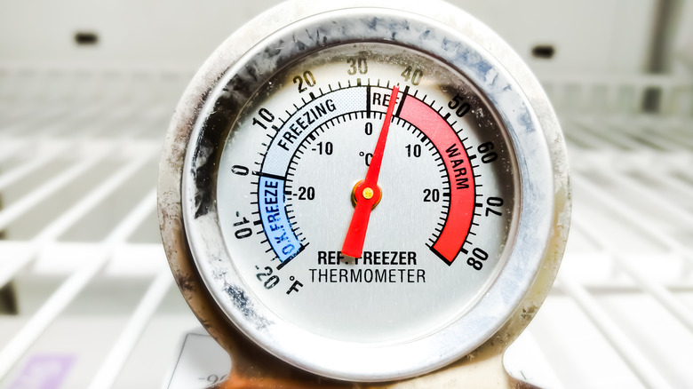 Close up of analog freezer thermometer