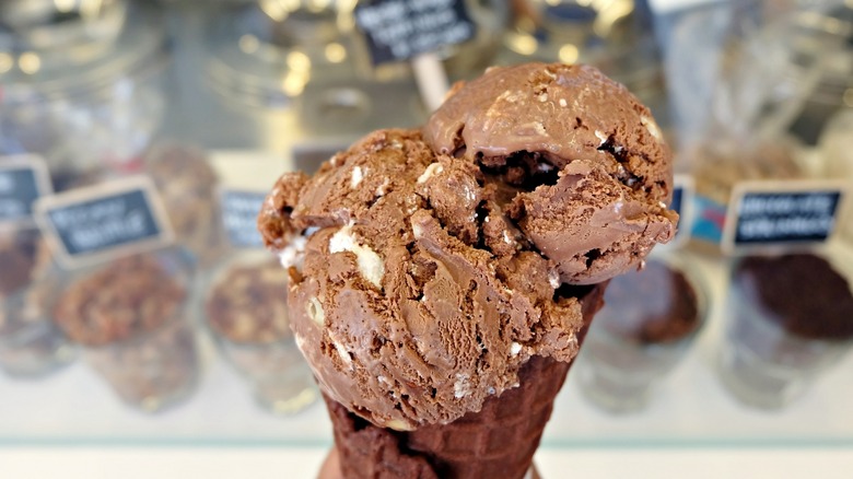Rocky road ice cream in a cone