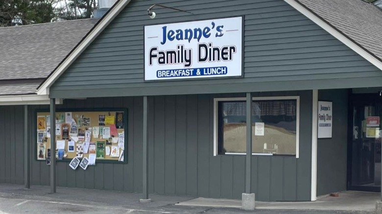 Jeanne's Family Diner is simple looking from the outside, with a sign advertising their breakfast and lunch, and a community bulletin board near the front door.