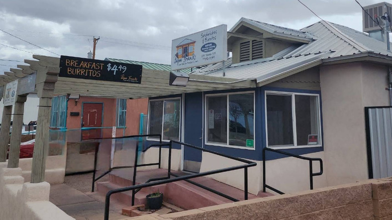 The exterior of Papa Frank's with a sign that advertises their $4.49 breakfast burritos in Albuquerque.