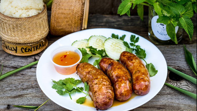 The famous sausage and rice dish from Laotian cuisine hole in the wall restaurant, Cully Central, in Portland, Oregon.