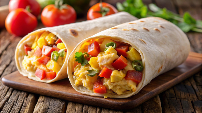 Two breakfast burritos open on the top to reveal the vibrant ingredients inside