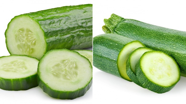 Side by side of a cucumber and a zucchini