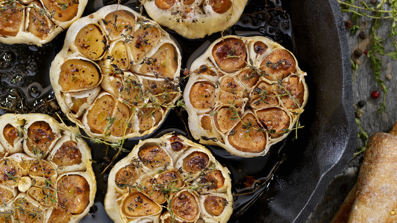 Roasted garlic in cast iron pan