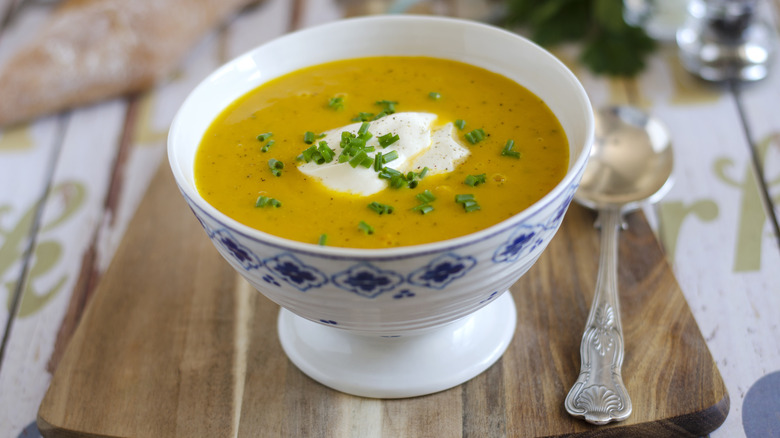 Bowl of soup with crème fraîche