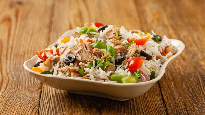 tuna rice salad in bowl