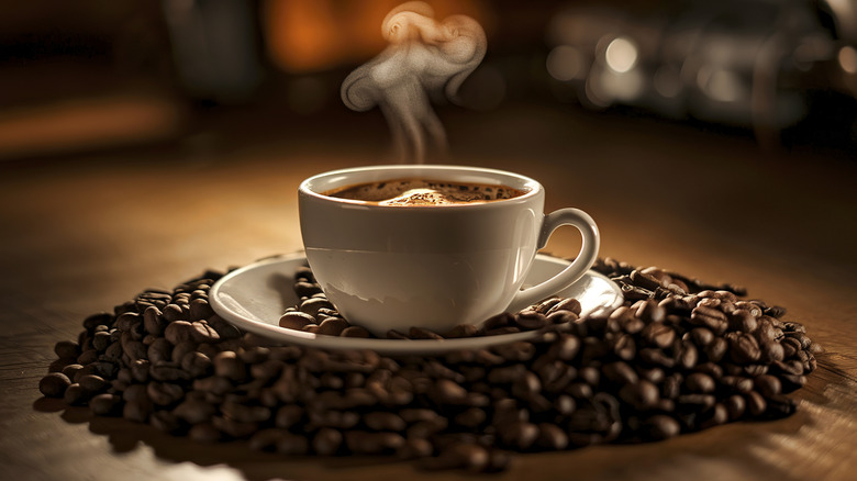 Steaming cup of coffee surrounded by coffee beans.