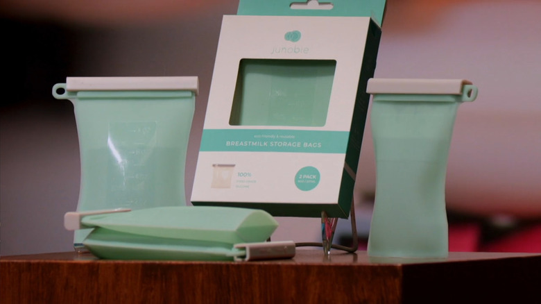 Junobie's reusable silicone breastmilk storage bags on display.