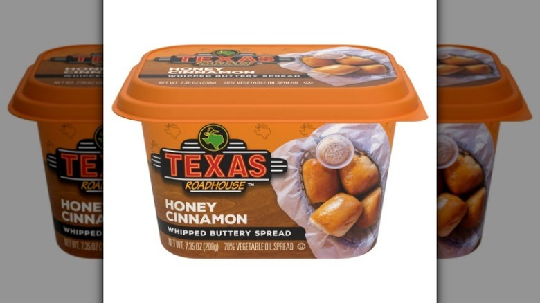 Tub of Texas Roadhouse honey cinnamon whipped buttery spread
