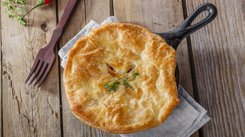 Skillet of chicken pot pie
