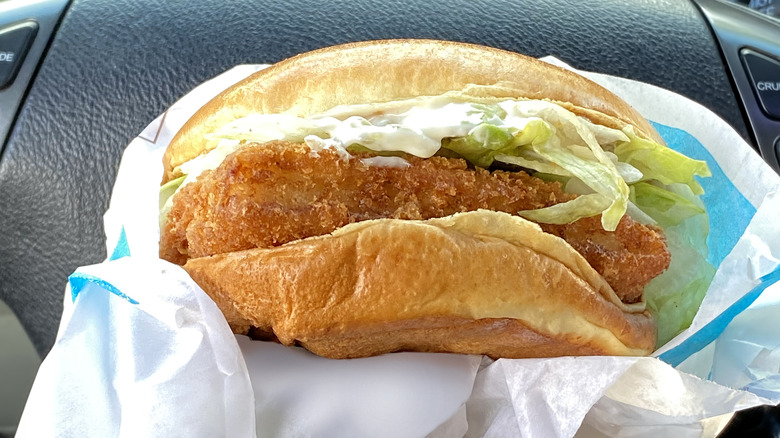 Fried fish sandwich in paper