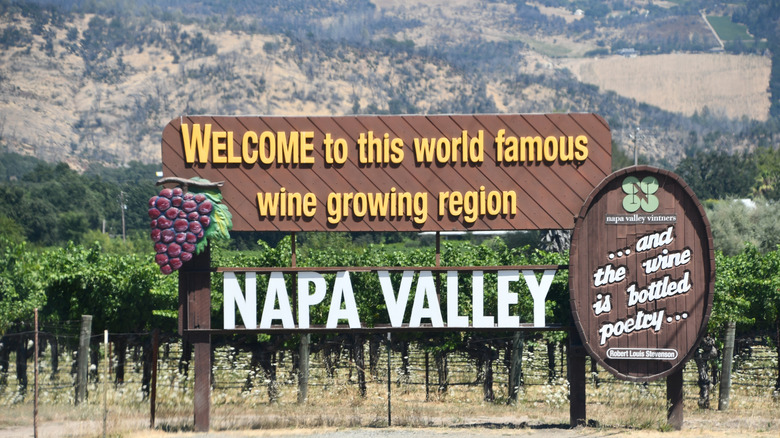 a welcome sign upon entering the "world famous wine growing region" Napa Valley in California
